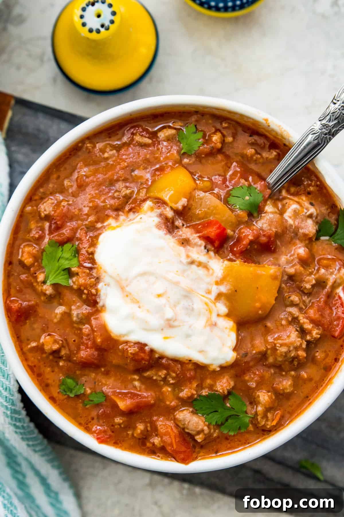 Ground Pork Chili Recipe Without Beans — Hearty Skillet Chili 2 A bowl of ground pork chili topped with sour cream with a spoon in it and garnished with fresh cilantro.