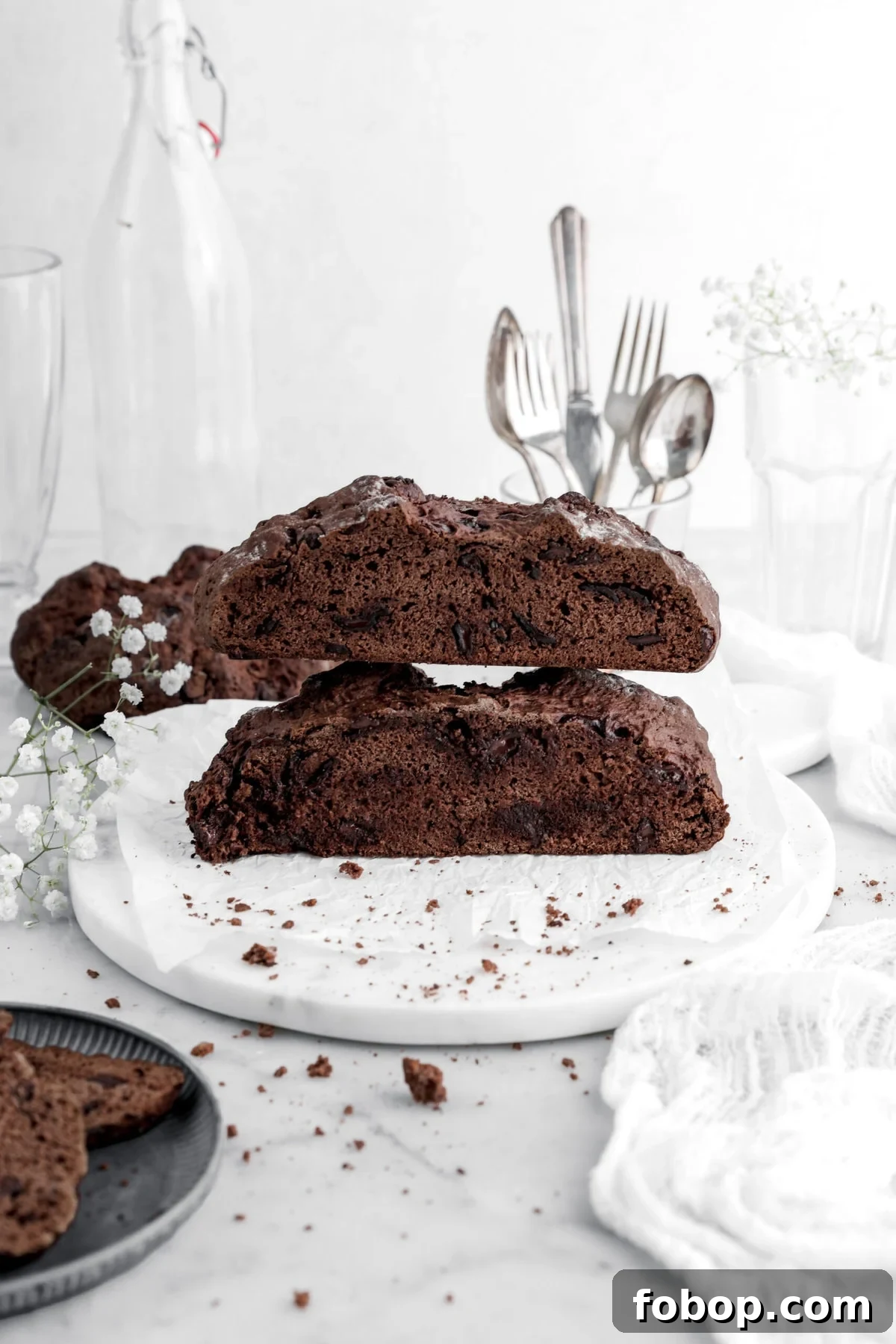 Double Chocolate Irish Stout Soda Bread Recipe for Rich Treat 2 angled image of two halves of chocolate soda bread stacked on top of each other with white flowers and bread crumbs around on marble surface.