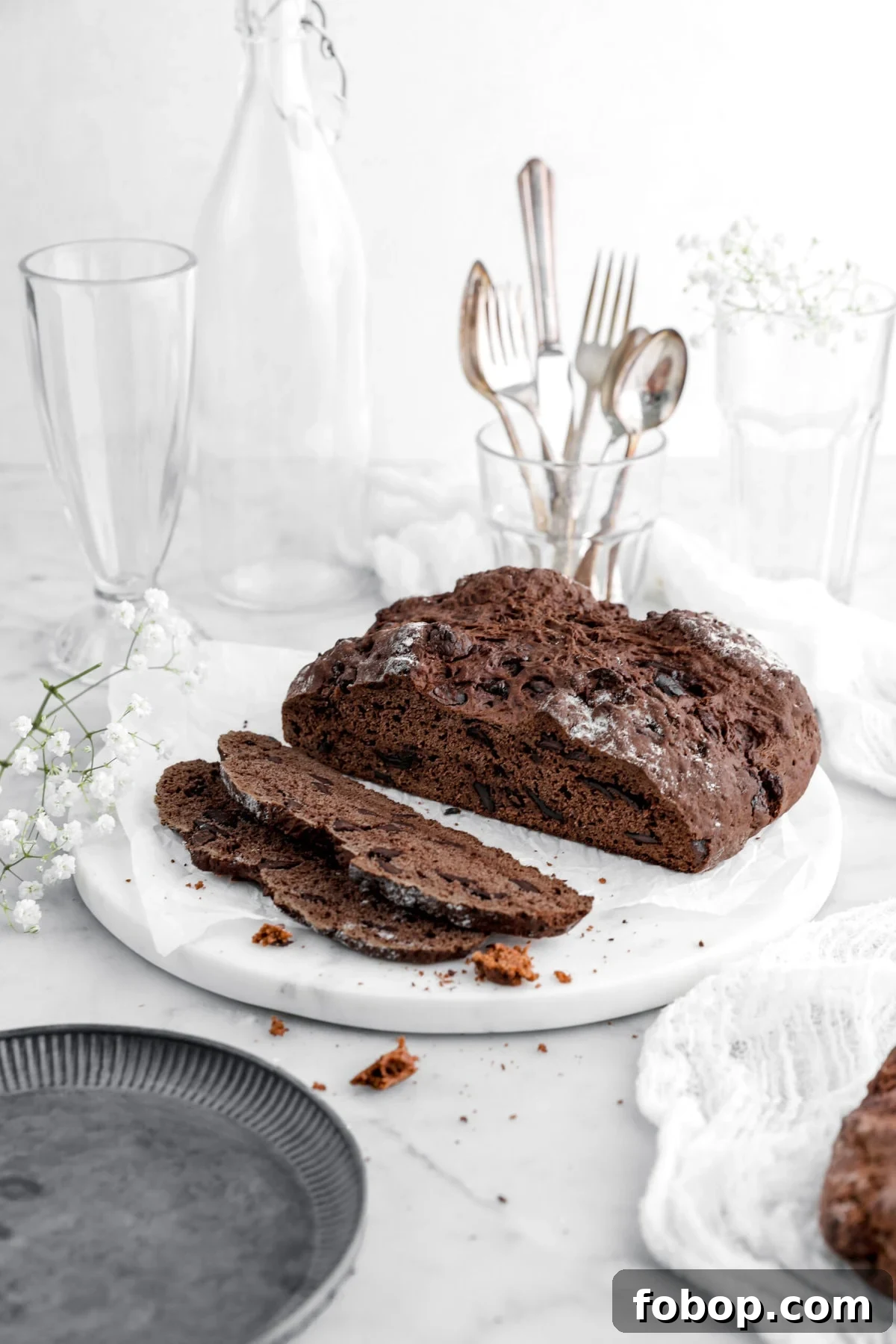 Double Chocolate Irish Stout Soda Bread Recipe for Rich Treat 11 chocolate soda bread with two slices laying in front of loaf on marble tray with metal plate beside, white flowers around, and utensils in glass behind.