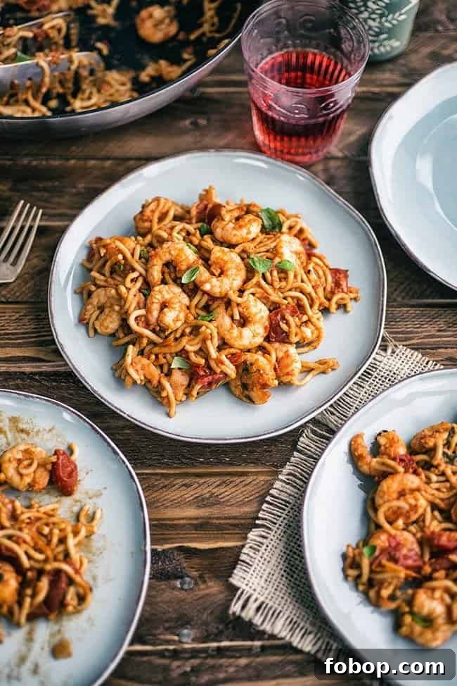 Five minute Chilli prawn noodles Table set with three plates of Chilli Prawn Noodles