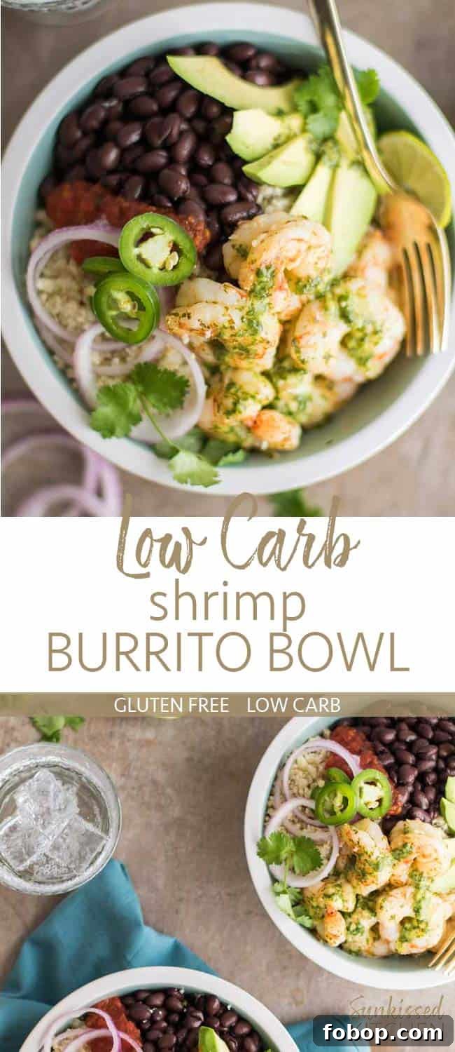 Two images showing shrimp piled on top of cauliflower rice with a cilantro lime sauce.