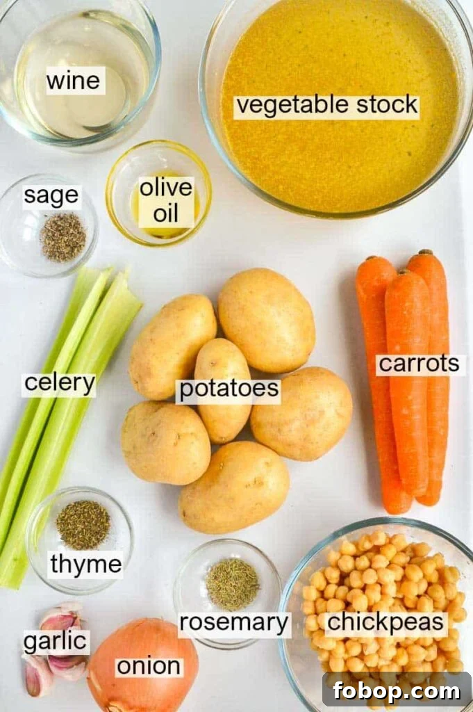 Comforting Vegan Potato and Chickpea Stew Recipe 4 Labelled ingredients for stew including vegetable stock, wine, olive oil, sage, celery, potatoes, carrots, chickpeas, thyme, rosemary, garlic, and onion.