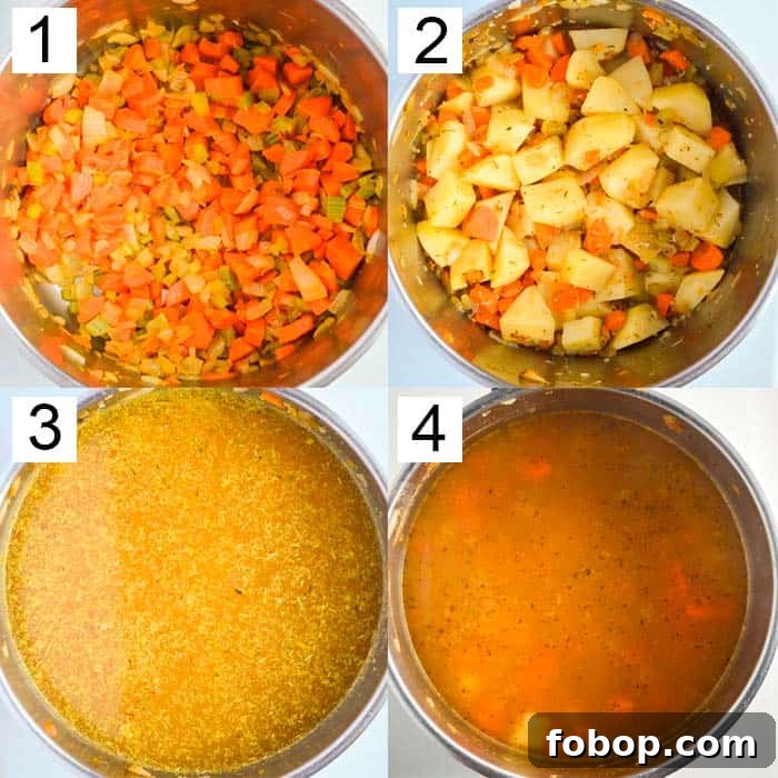 Comforting Vegan Potato and Chickpea Stew Recipe 5 A collage of four photos showing chopped vegetables, added potatoes, added broth and the stew when reduced.