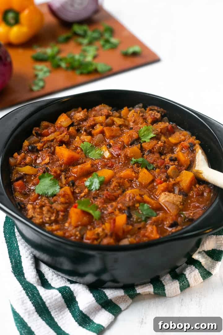 HEALTHY Turkey Chili with Butternut Squash Pot of butternut squash turkey chili