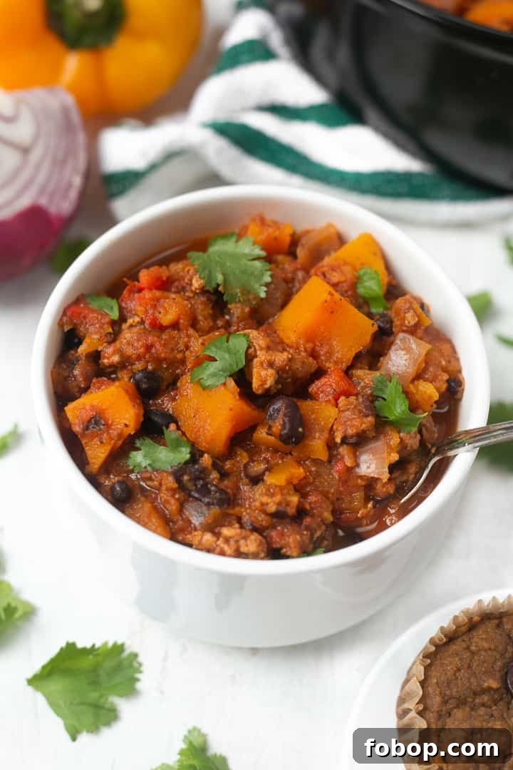 A bowl of Butternut Squash Turkey Chili 