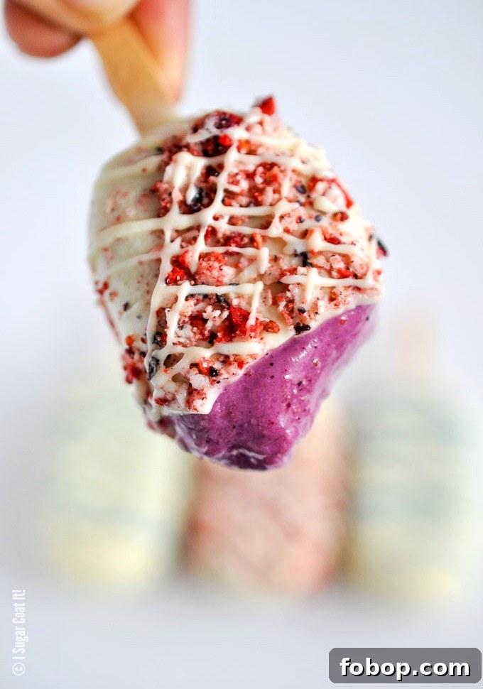 Blueberry Coconut Popsicles are a delightful blend of berries, coconut yogurt and milk dipped in decadent white chocolate and toasted coconut and freeze-dried berries.