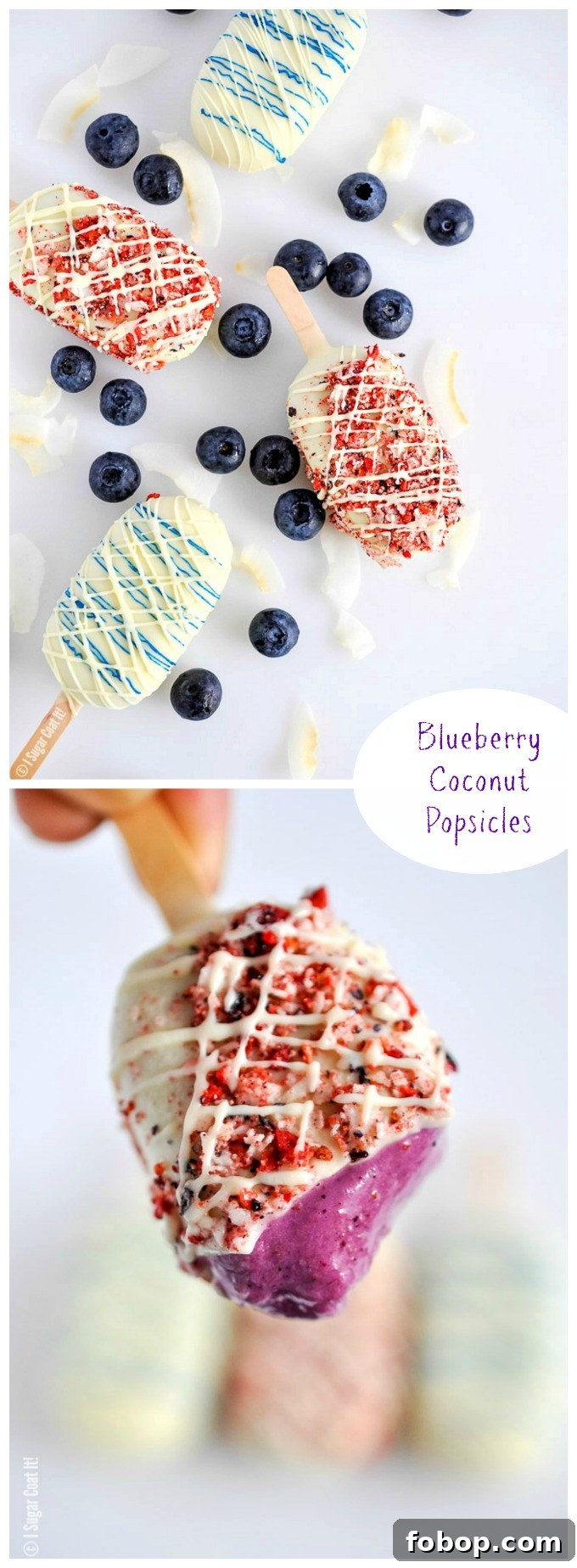 Blueberry Coconut Popsicles are a delightful blend of berries, coconut yogurt and milk dipped in decadent white chocolate and toasted coconut and freeze-dried berries.