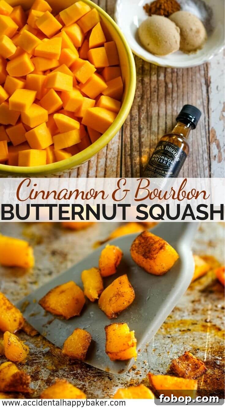 Bourbon-Cinnamon Roasted Butternut Squash Recipe 8 Bourbon and Cinnamon Roasted Butternut Squash, diced butternut squash is tossed with olive oil and bourbon, then coated in cinnamon, brown sugar and salt before roasting in the oven. #butternutsquash #cinnamonroastedsquash #roastedbutternutsquash