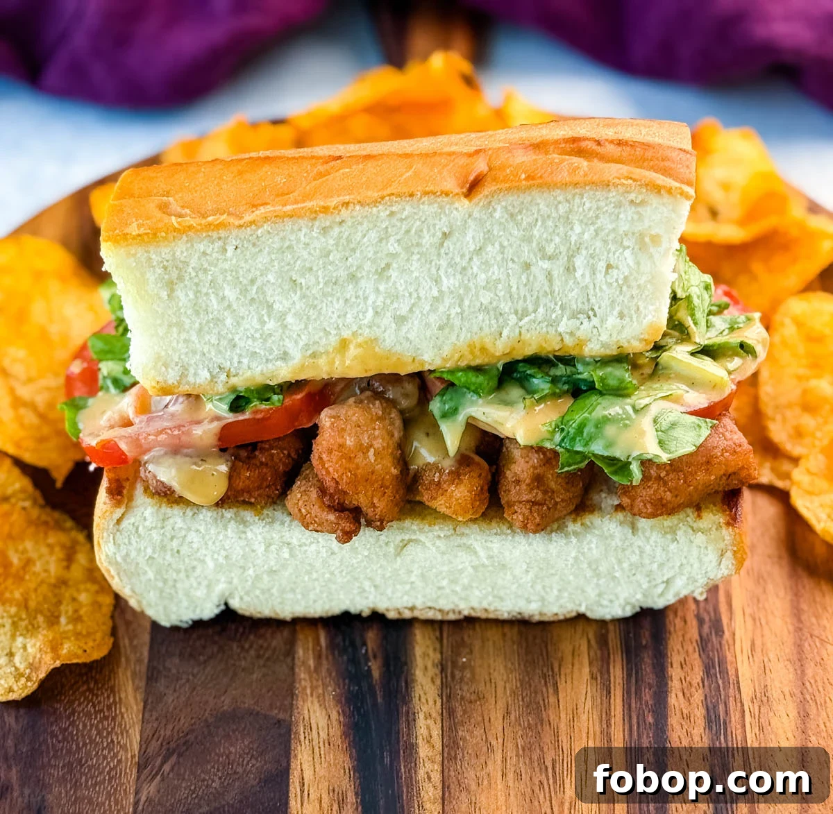 Front-facing shot of a stacked crispy chicken po' boy showing the golden chicken, fresh tomato slices, lettuce, and sauce inside a fluffy hoagie roll, with chips in the background.