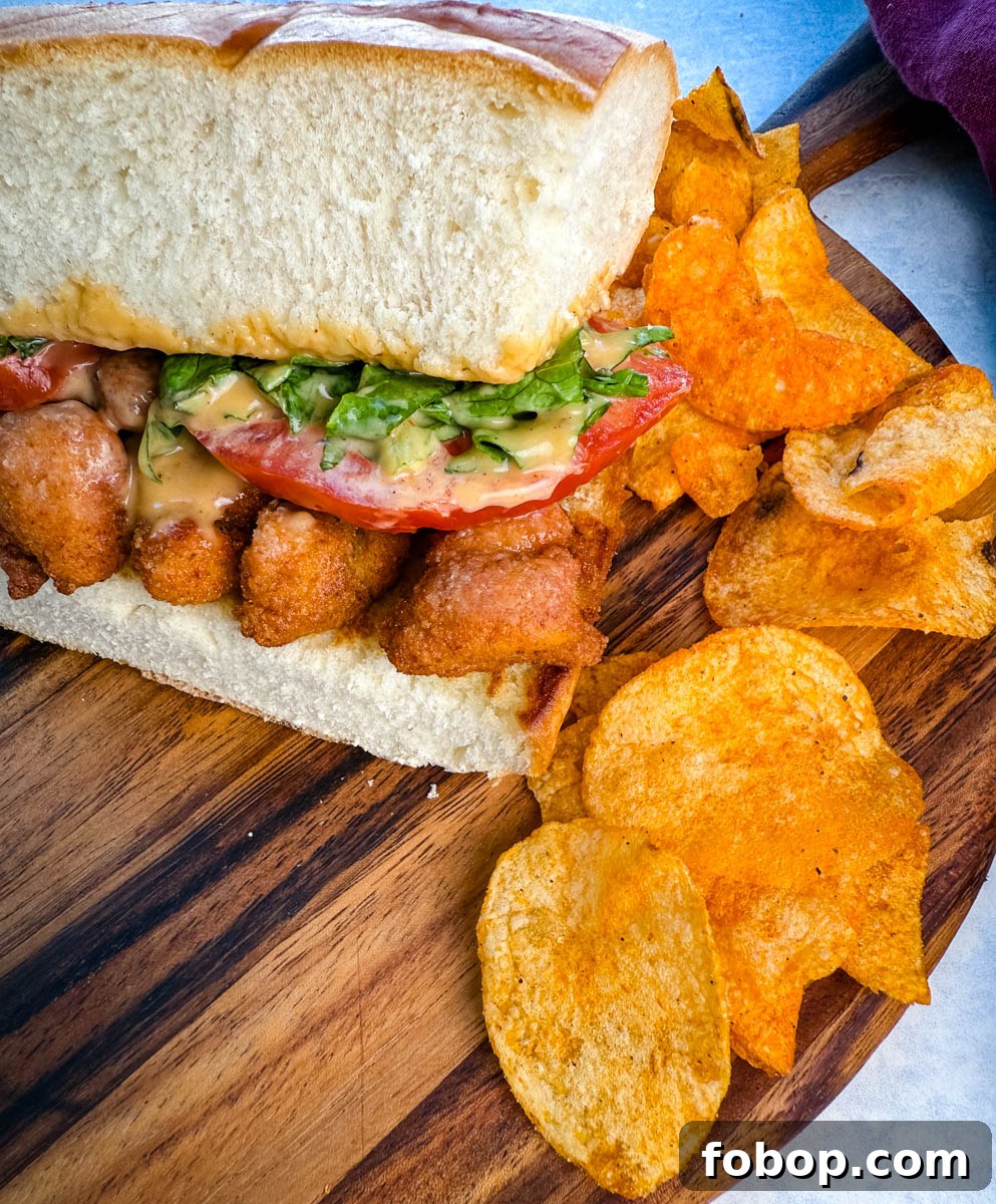 A close-up of a crispy chicken po' boy sandwich on a wooden board, topped with lettuce, tomato, and creamy sauce, served with seasoned potato chips on the side.