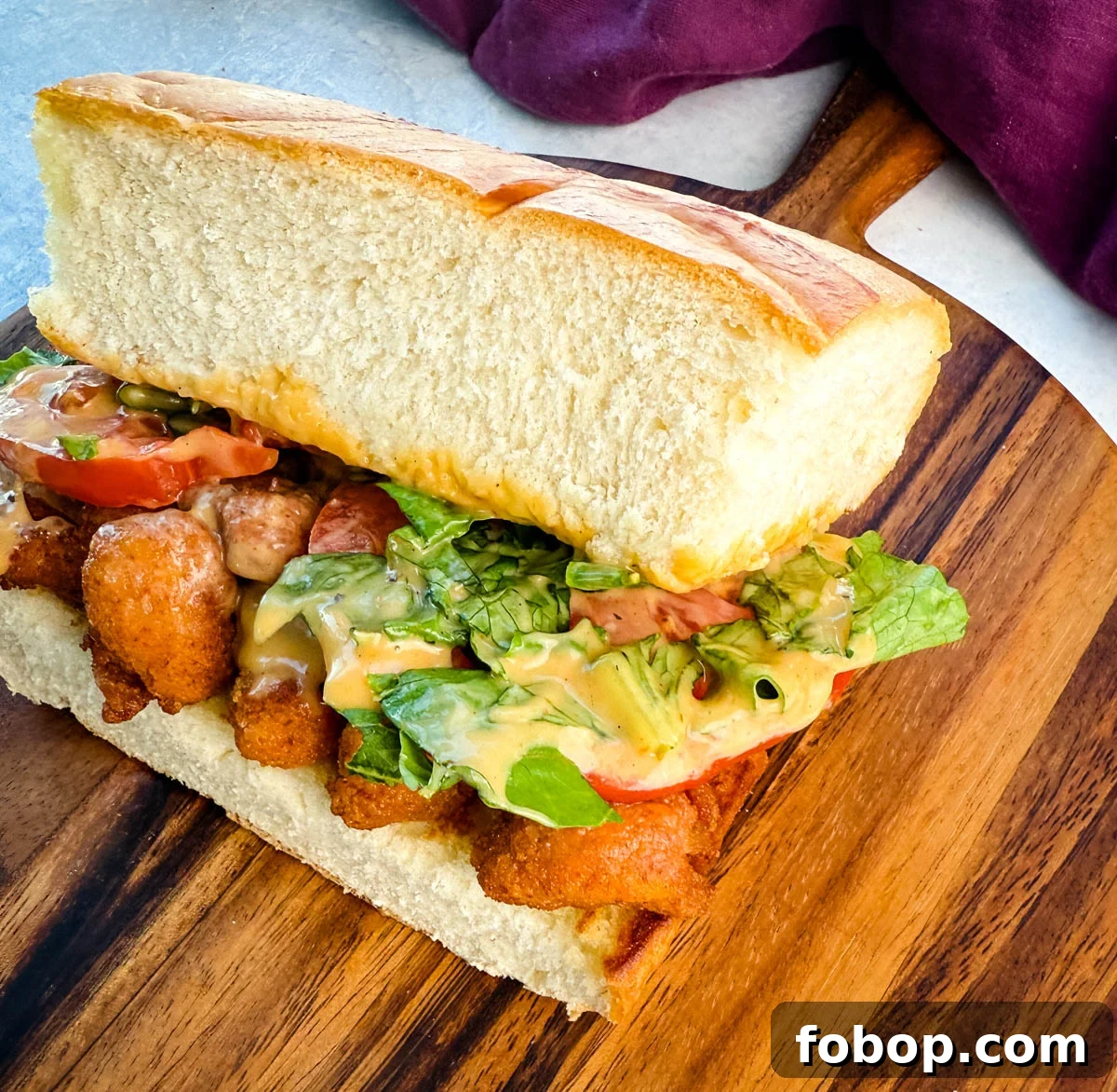 Angled view of a crispy chicken po' boy sandwich loaded with toppings and served with seasoned chips, resting on a wooden serving board.