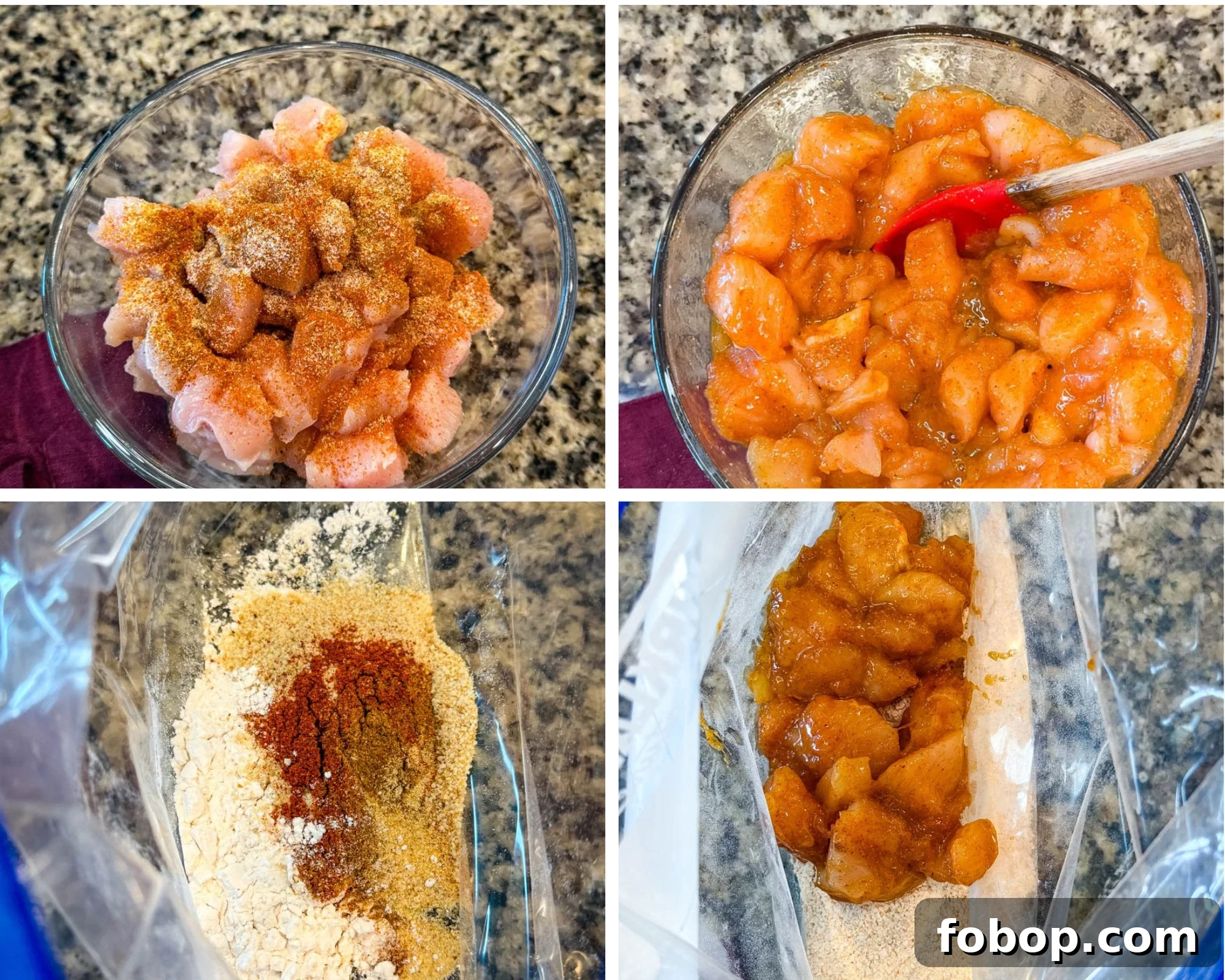 Four images showing the steps for seasoning and breading chicken: raw chicken chunks with seasoning in a glass bowl, seasoned chicken mixed with marinade, dry breading ingredients in a bag, and the marinated chicken added to the bag of breading.
