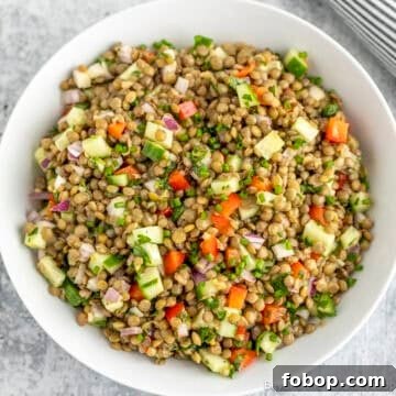 Lentil Salad in a white bowl.