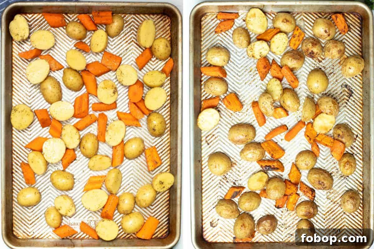 Roasted Carrots and Potatoes Side by side photo showing seasoned potatoes and carrots on sheet pan before and after roasting.