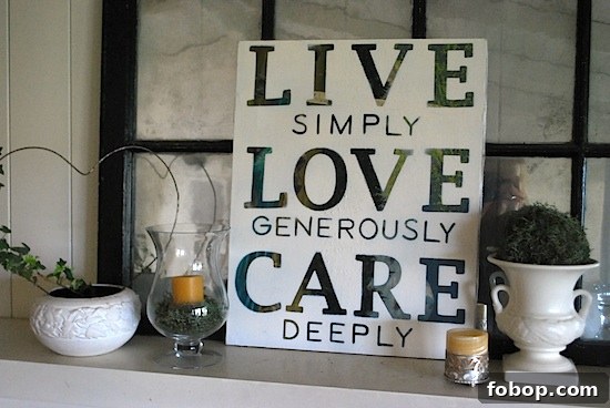 thrifted word art on mantel