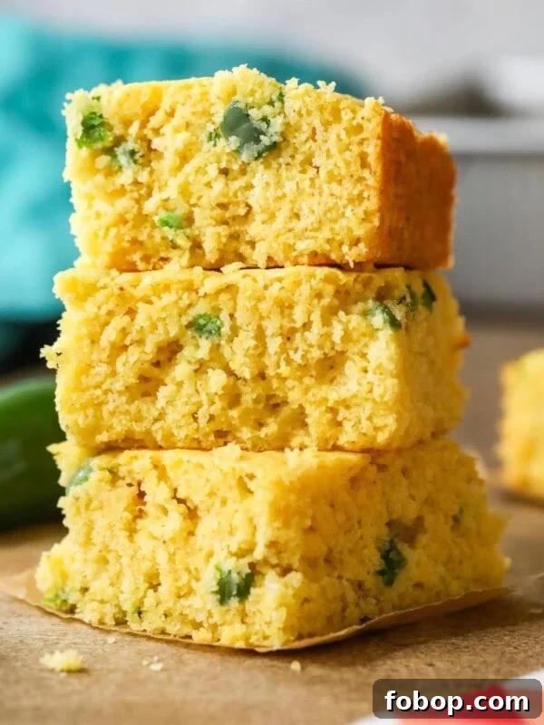 Stack of three pieces of jalapeno cornbread.