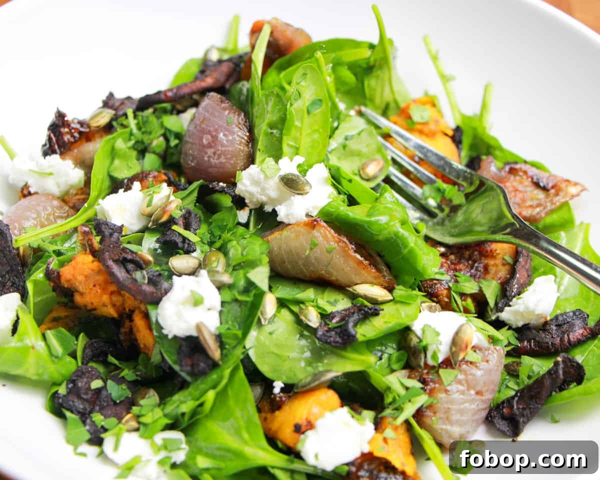 Spinach & Butternut Squash Salad with Smoky Mushroom Bacon and Vegan Feta 3 Winter Salad of Spinach, Roasted Butternut Squash and Mushroom Bacon