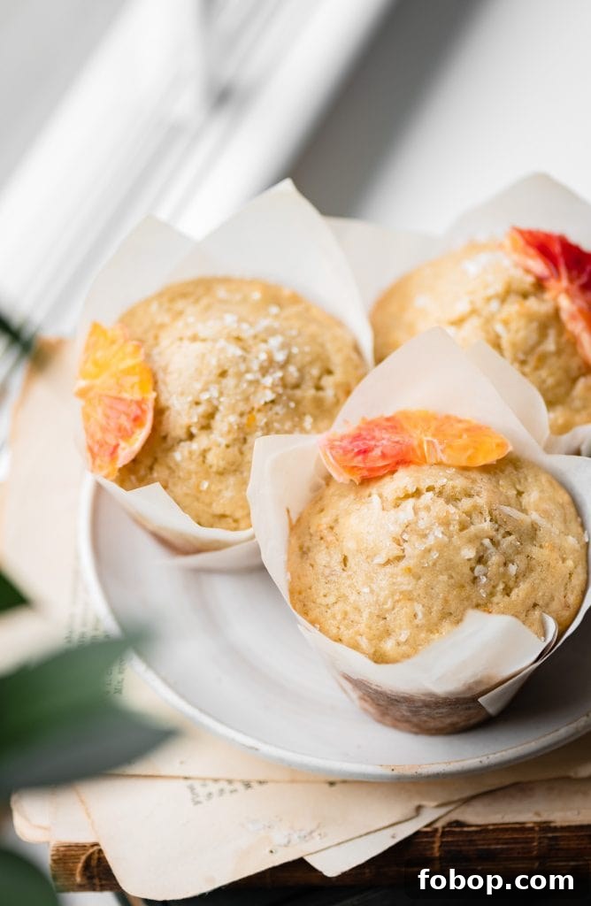 Blood Orange Coconut Muffins with Zesty Glaze 4 Three orange banana muffins in muffin wrappers on a plate topped with fresh orange slices and coconut.