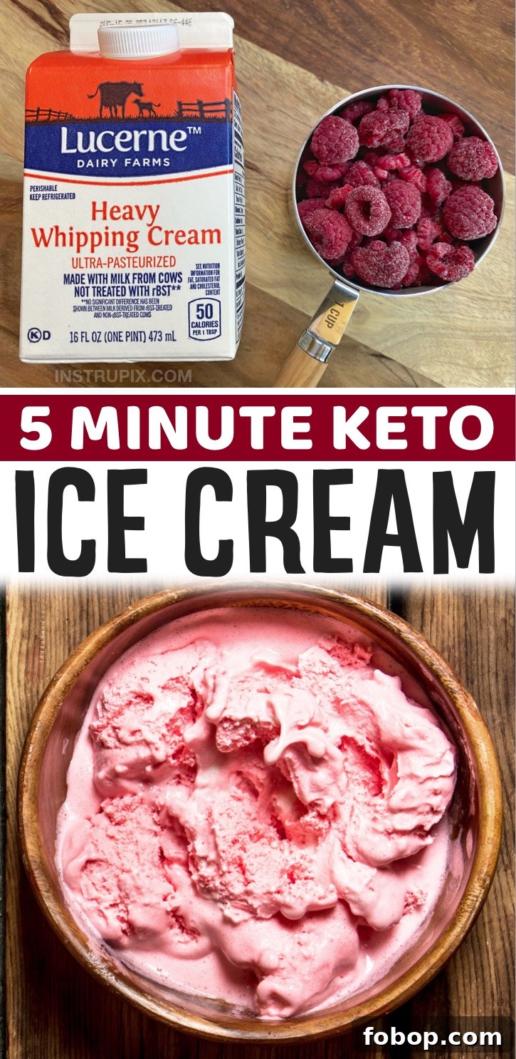 Keto Dessert Recipes For One | Easy Keto No Churn Ice Cream (just 3 ingredients to make this simple low carb treat!) Simply mix together frozen raspberries, heavy cream and the low carb sweetener of your choice. A great 5 minute last minute dessert idea! So quick and easy to make. Perfect for summer or anything you're craving something sweet. 