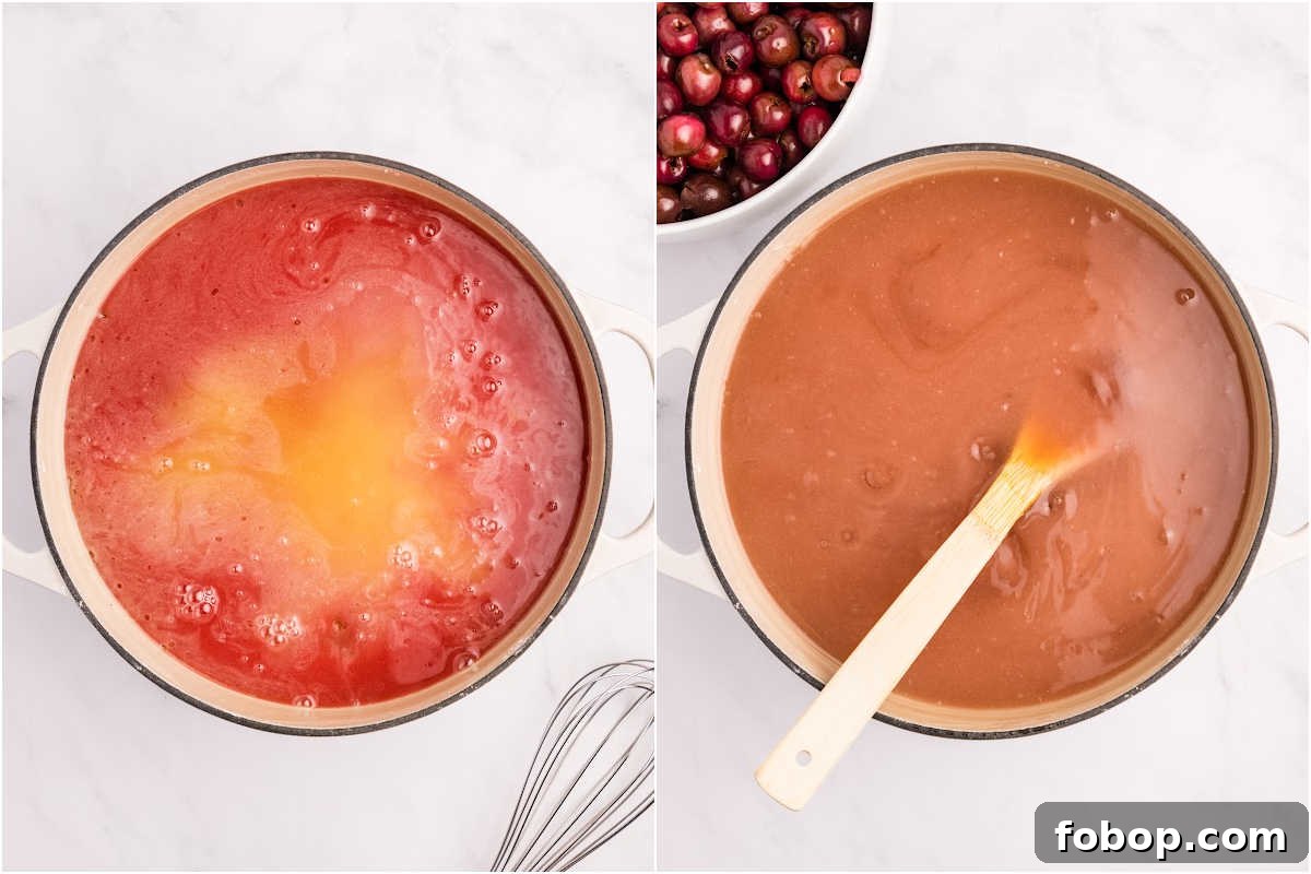 Homemade Cherry Pie Filling for Water Bath Canning: Step-by-Step Guide 7 flavorings and juices added to syrup in pot.
