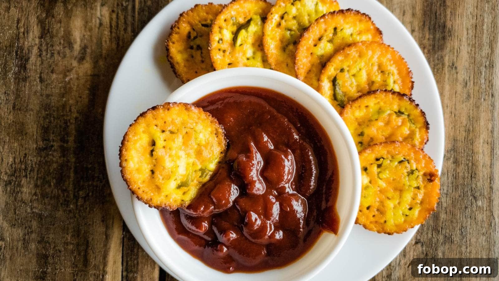 13 Delicious Low-Carb Snacks That Beat Potato Chips 6 Baked pickle cheese chips with bowl of ketchup on white plate.