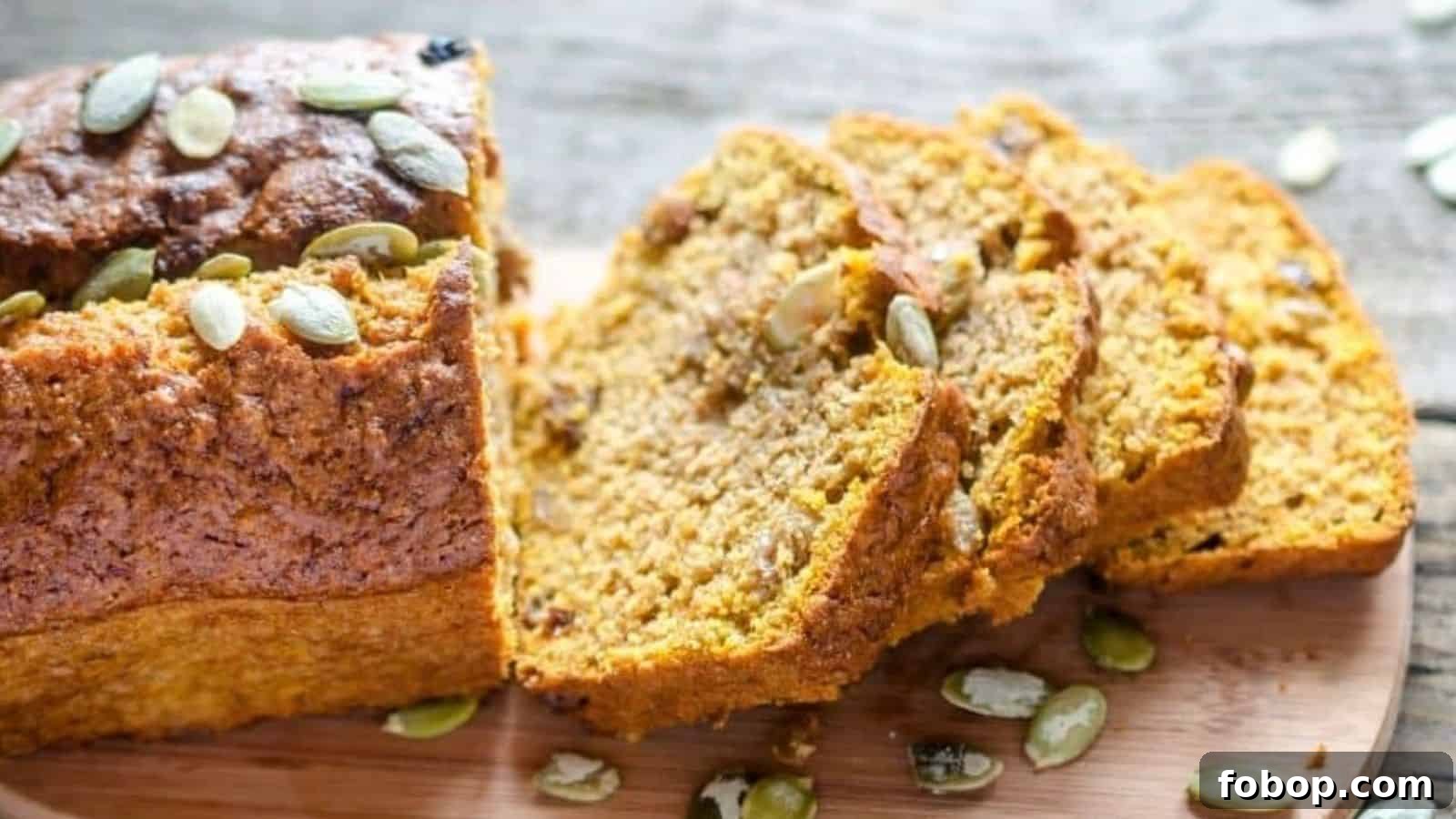 13 Delicious Low-Carb Snacks That Beat Potato Chips 7 A loaf of pumpkin bread partially sliced on a wooden surface, with visible pumpkin seeds on top and inside the bread slices.
