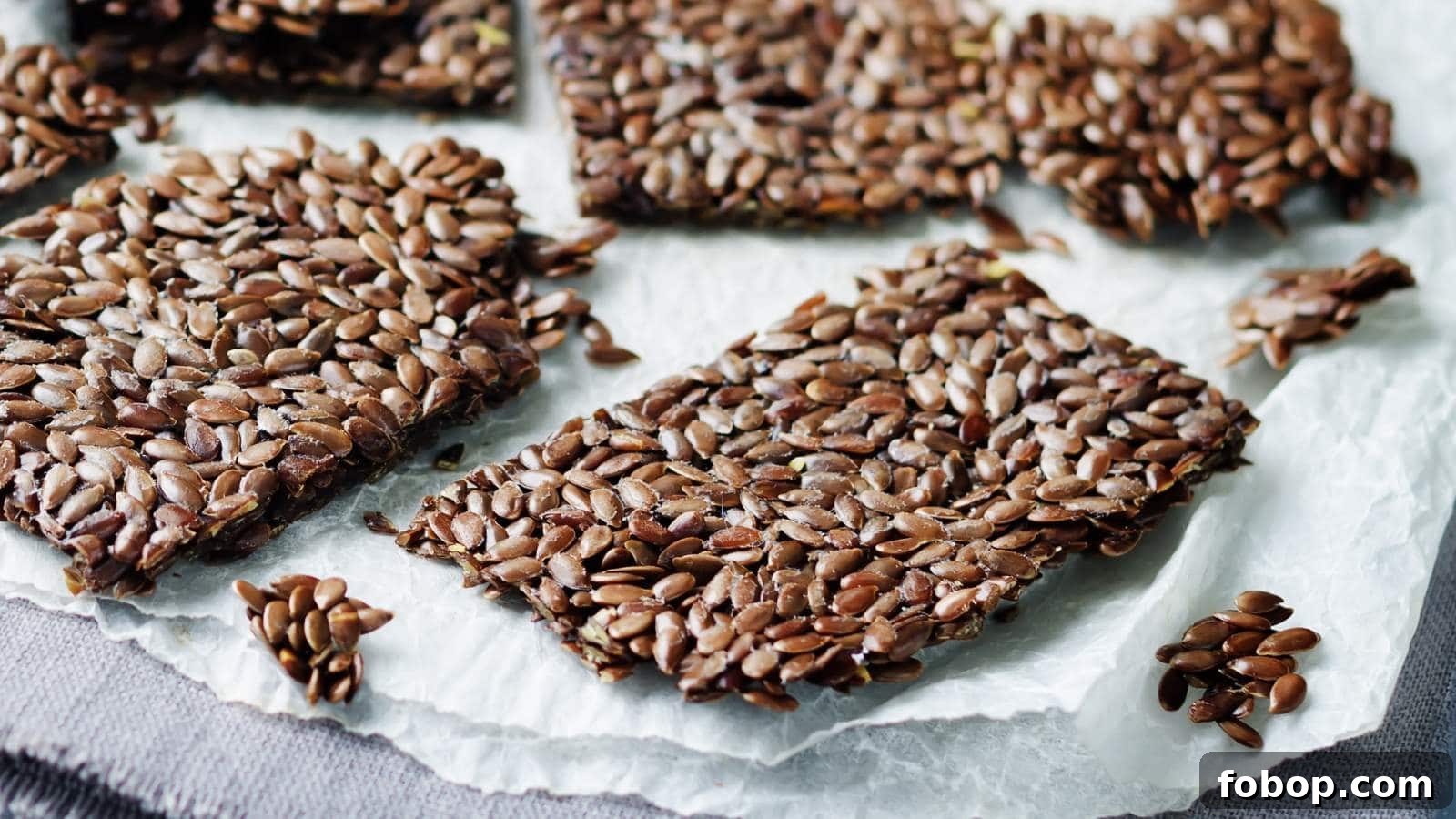 13 Delicious Low-Carb Snacks That Beat Potato Chips 9 Rectangular flaxseed crackers are arranged on a crumpled sheet of parchment paper with some seeds scattered around.