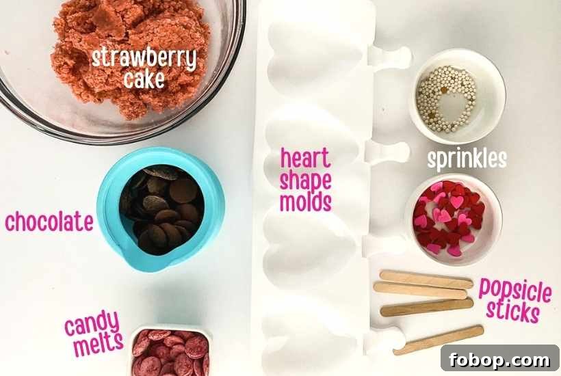 Ingredients to make heart cakesicles with text labels.