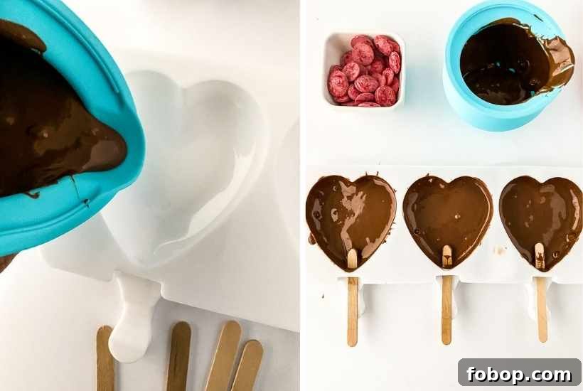 Two image collage showing chocolate being poured into the molds and popsicle sticks being inserted with text overlay.