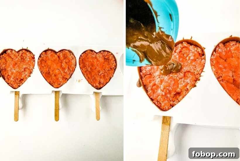Two image collage showing the strawberry cake in the molds and adding the melted chocolate with text overlay.