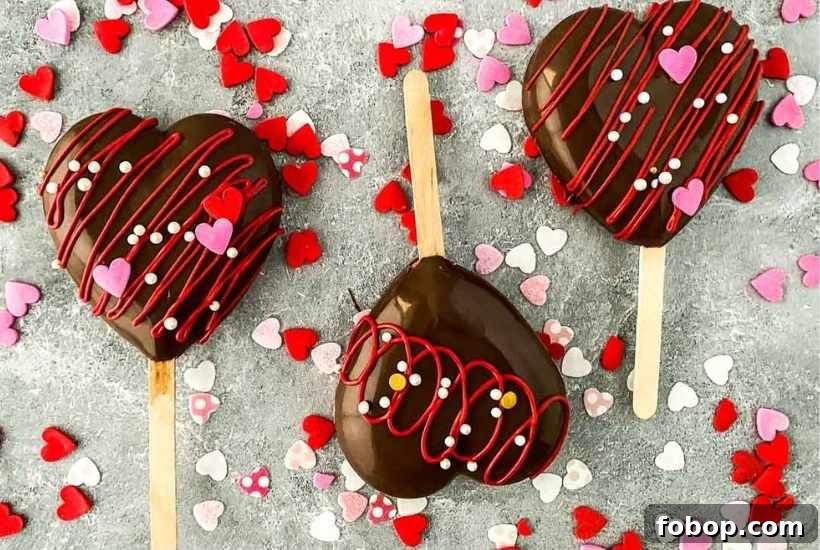 Three strawberry heart cakesicles surrounded by sprinkles.