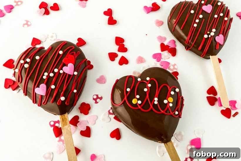 Three chocolate dipped heart cakesicles next to valentines sprinkles.