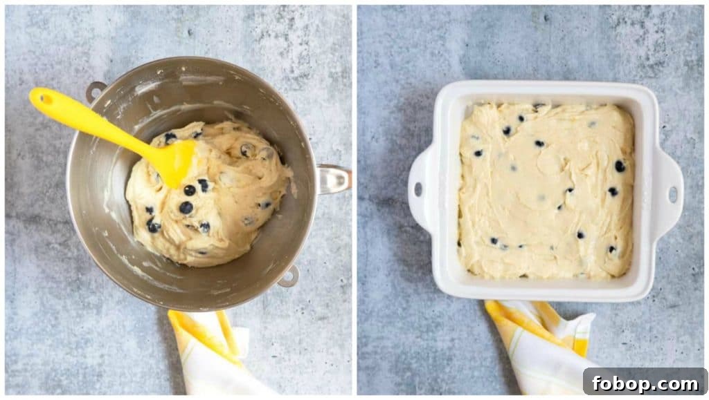 Blueberry Coffee Cake with Buttery Crumb Topping 11 Step By step photos, cake batter with blueberries in a bowl and then poured into a baking dish.