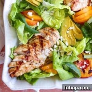 Grilled Peach and Avocado Chicken Salad with Honey-Lime Dressing 6 square image of grilled peach avocado chicken salad