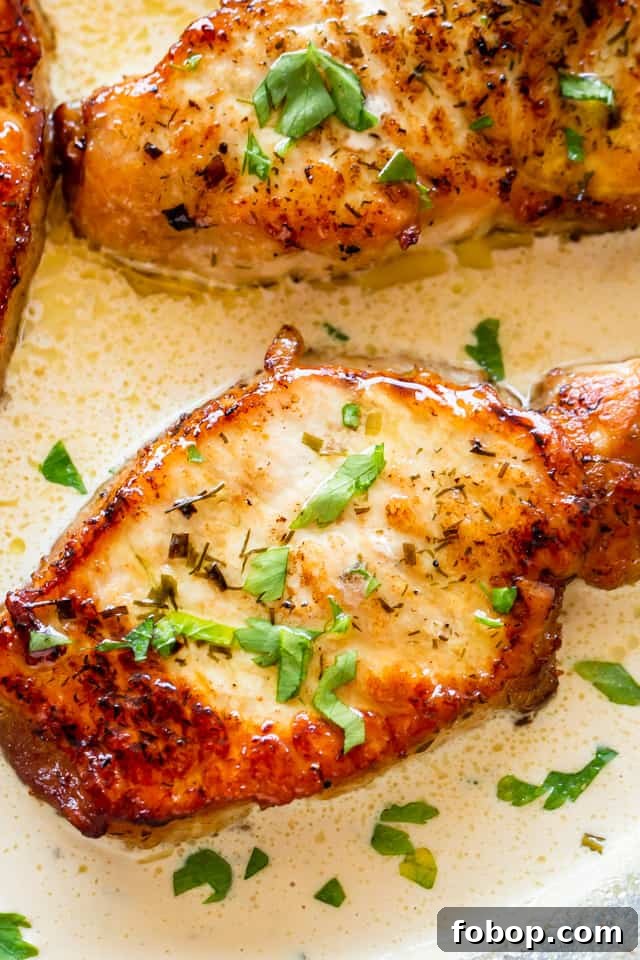 Instant Pot pork chops with ranch cream sauce. Two pork chops in a pot with cream sauce, topped with parsley.