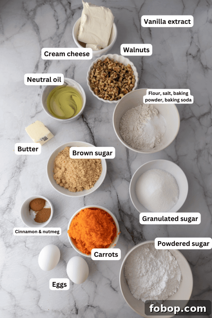 Moist Carrot Loaf Cake Recipe with Oil (Loaf Pan Method) 3 Ingredients including carrots, neutral oil, sugars, eggs, flour, walnuts, and cream cheese