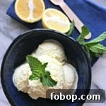 Overhead of Lemon Ice cream in a blue bowl