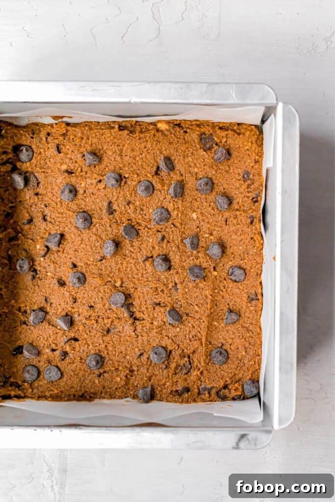 chickpea blondie batter in a baking tin