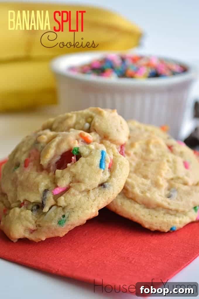 Banana split cookies. Banana pudding cookies loaded with chocolate chips, sprinkles, and maraschino cherries. 