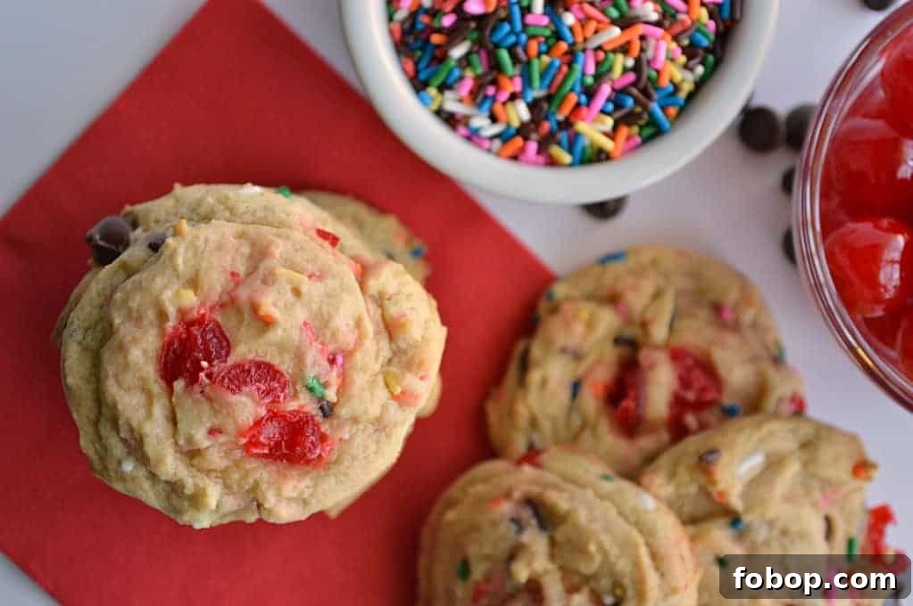 Overhead of banana split cookies with bowls of sprinkles and cherries on the side.
