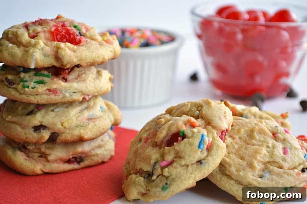 Stack of banana pudding cookies with sprinkles and cherries on a red napkin.