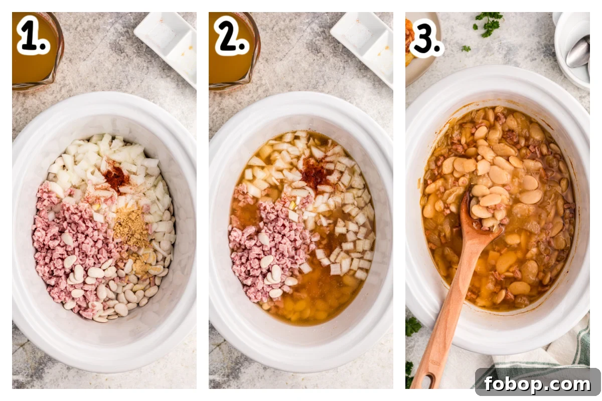 Creamy Slow Cooker Lima Beans Recipe for Weeknight Dinners 4 three images showing how to make lima beans in a crockpot.