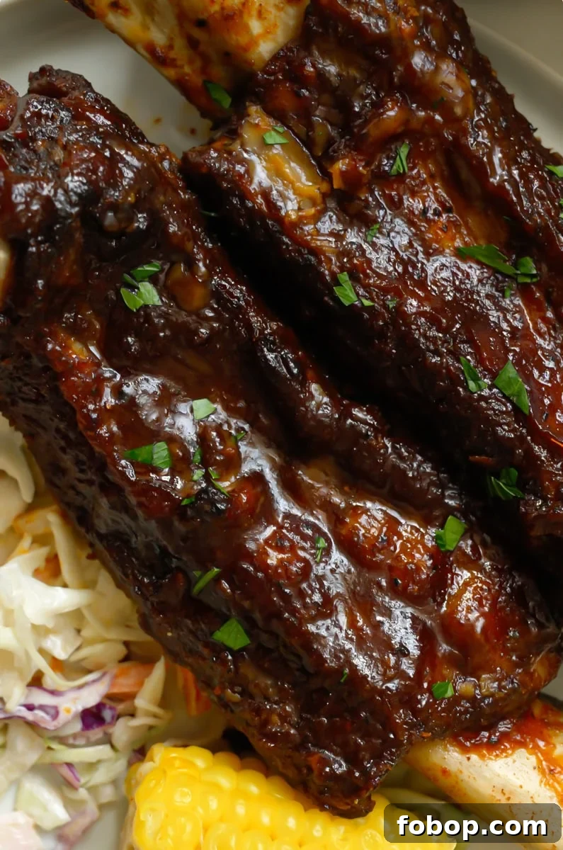 Oven-Baked Beef Ribs Recipe: Tender, Flavorful Results 2 Juicy tender oven baked beef ribs with bbq sauce on a plate with southern coleslaw and buttered corn.