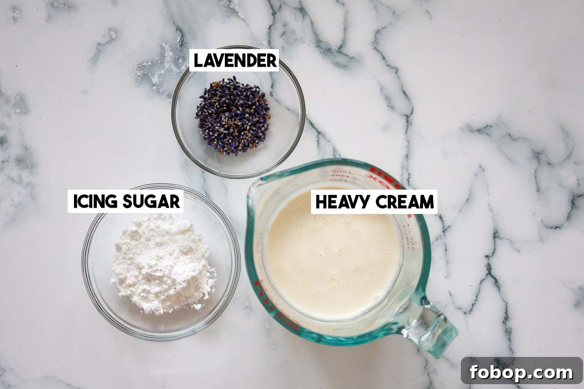 Lavender Whipped Cream Recipe: Light Floral Dessert Topping 3 Ingredients of this recipe: lavender, icing sugar and heavy cream.