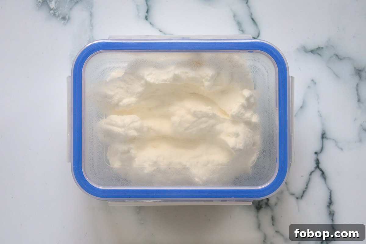 Lavender Whipped Cream Recipe: Light Floral Dessert Topping 7 Whipped cream inside an airtight container with lid.
