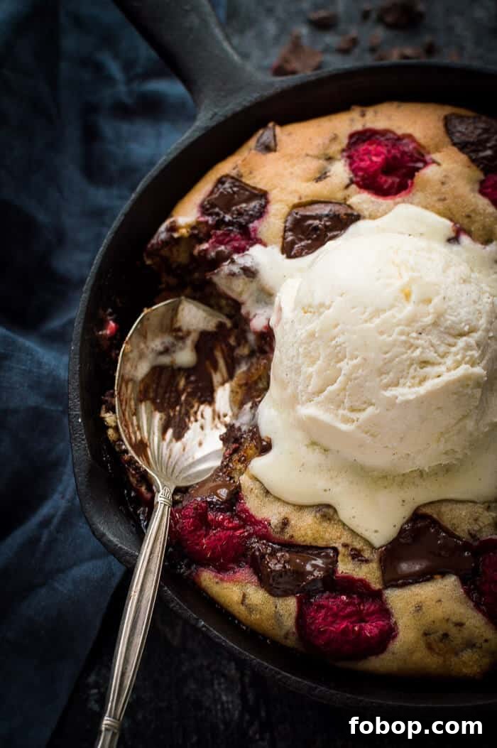 Vegan Chocolate Raspberry Skillet Cookie for Two – Decadent Dessert 2 Close up of vegan chocolate raspberry skillet cookie topped with vanilla ice cream with a spoonful removed.