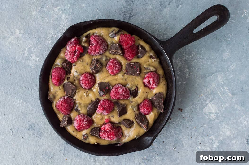 Vegan Chocolate Raspberry Skillet Cookie for Two – Decadent Dessert 5 unbaked chocolate raspberry skillet cookie