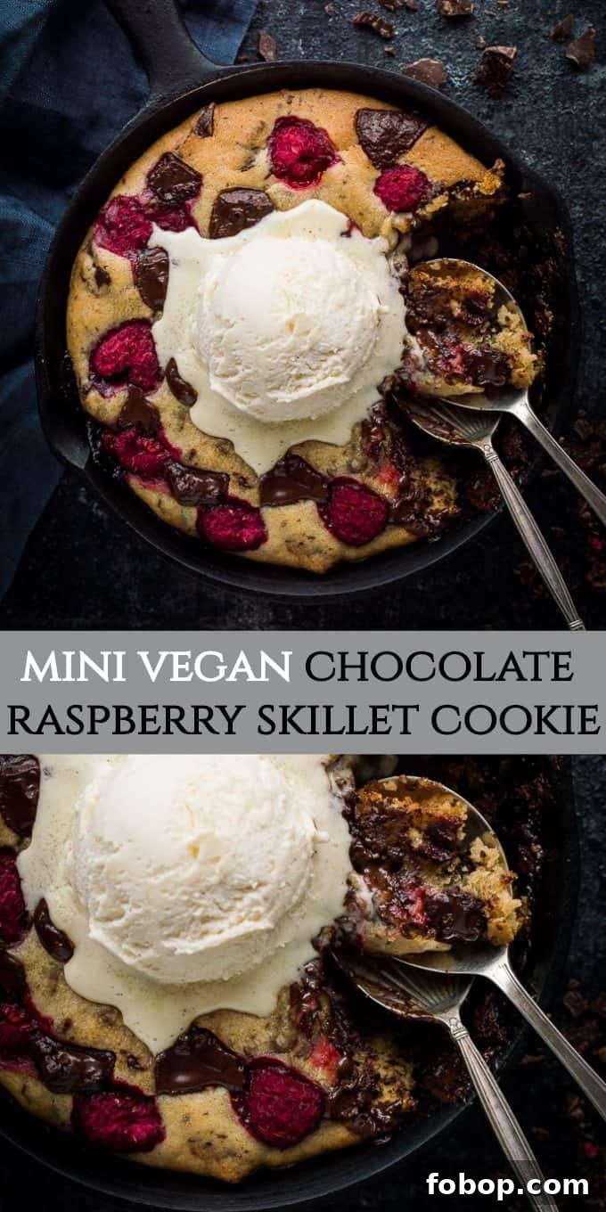 Chocolate raspberry skillet cookie for two - this indulgent vegan skillet cookie is really quick and easy to make, gooey in the middle and crisp around the edges. It is perfect for a romantic Valentine's day dessert to share! #vegan #skilletcookie #dairyfree #vegancookie #veganbaking pinterest image