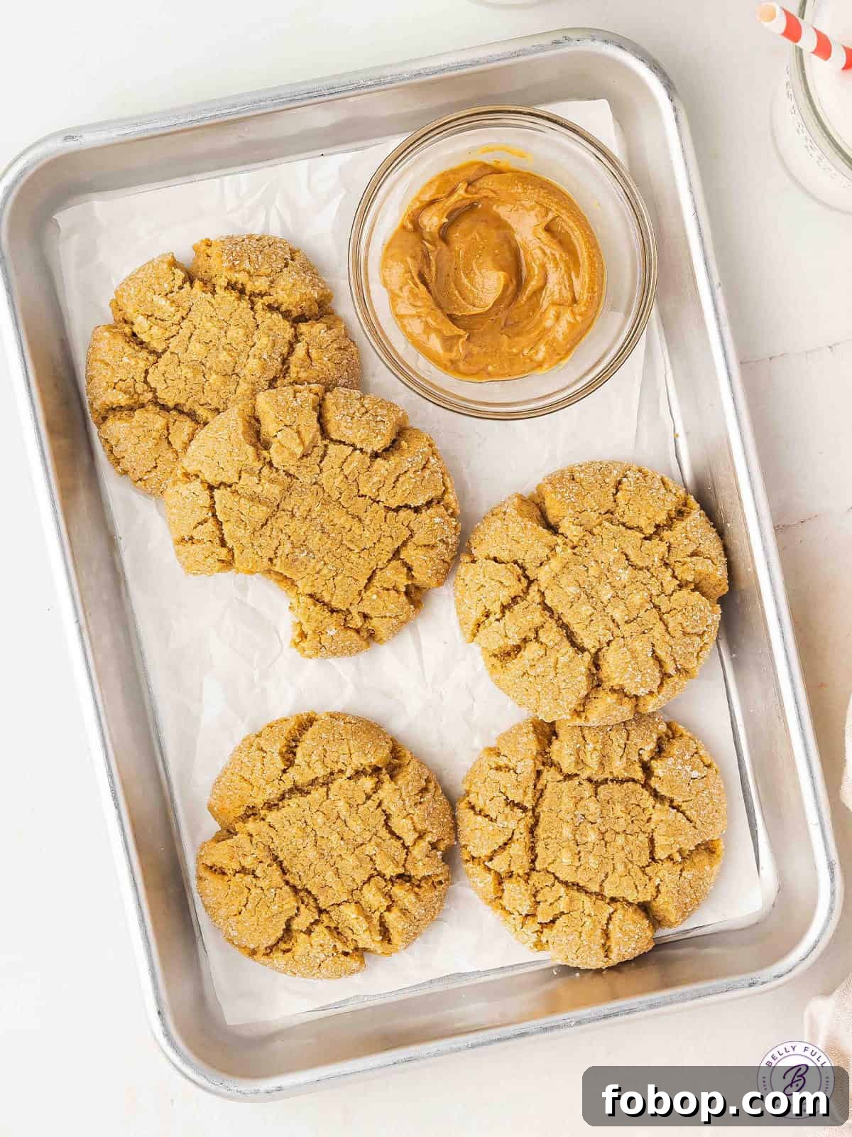 Overhead view of a platter of peanut butter cookies