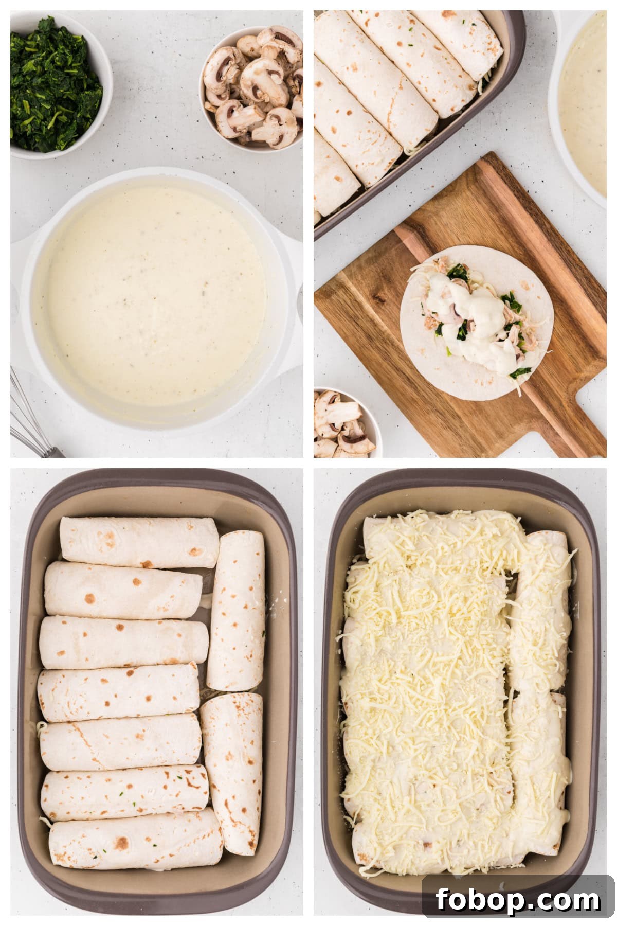 Assembly steps for Creamy Chicken Spinach and Mushroom Enchiladas four photos showing how to assemble creamy chicken spinach and mushroom enchiladas